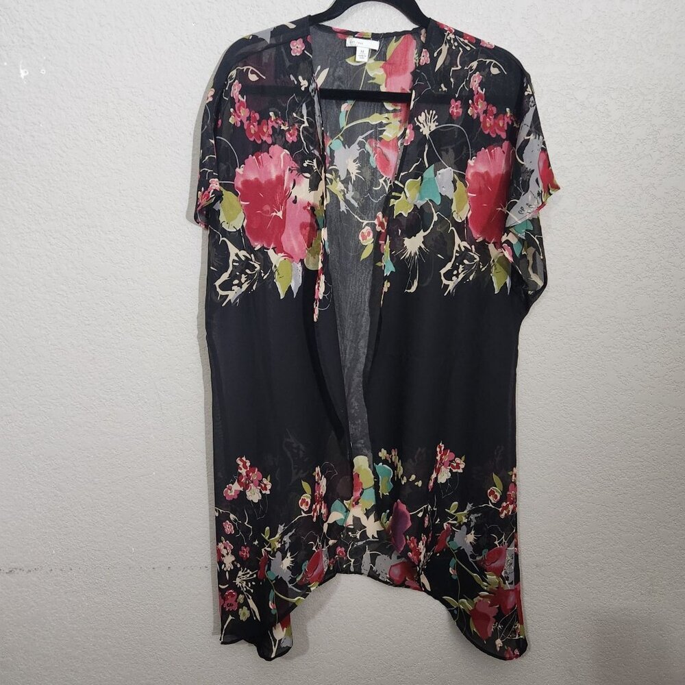 C EST 1946 Cardigan Duster Size Medium Floral Open-Front Black Kimono Sheer